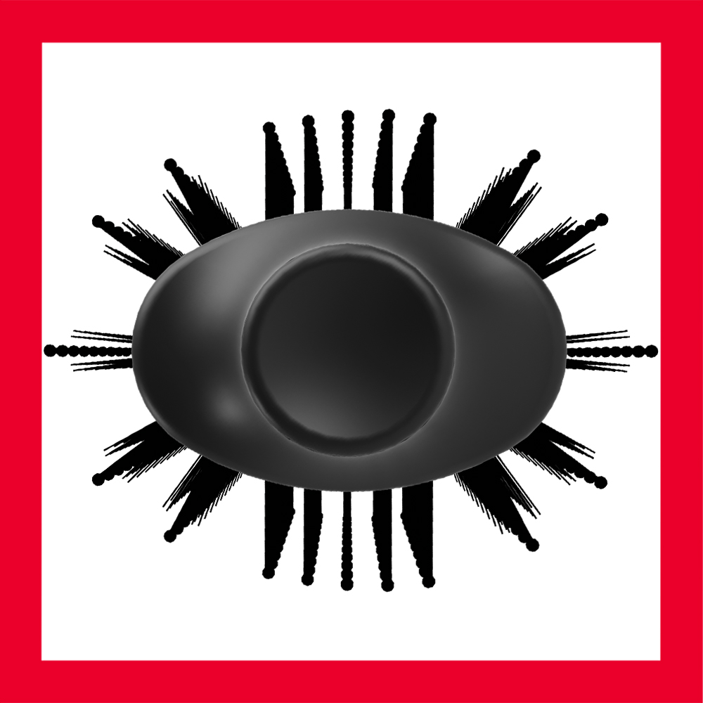 Schwarze Haarbürste mit rundem Körper und vielen schwarzen Borsten.