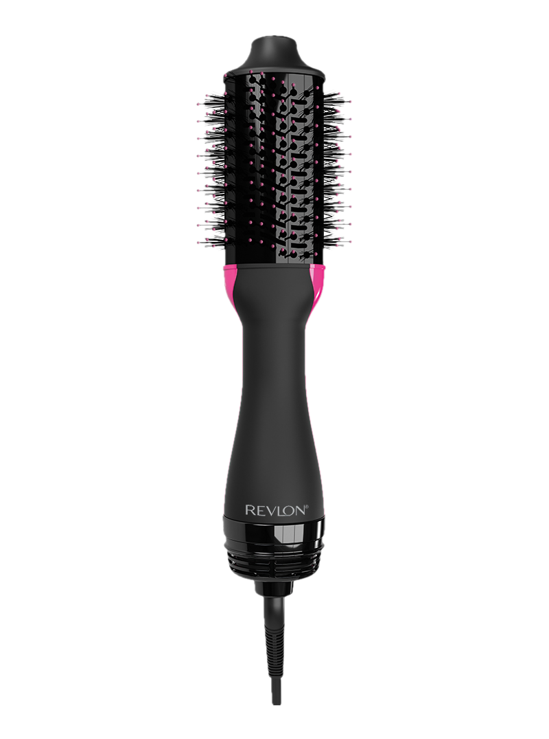 Schwarze und pinkfarbene Revlon Heißluftbürste. Mit Bürstenkopf und Griff, mit Netzkabel.
