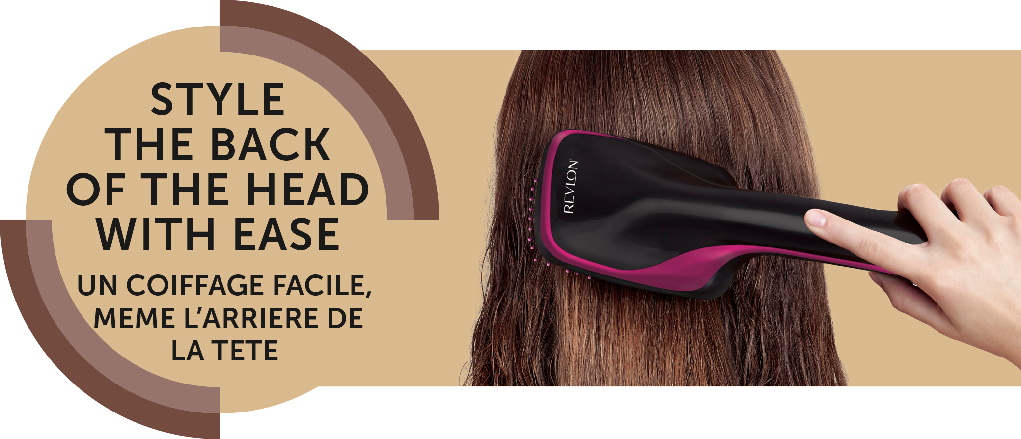Eine Haarbürste mit Text: Style den Hinterkopf mit Leichtigkeit. Revlon-Logo sichtbar.