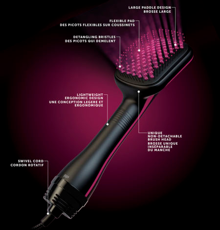 Eine Haarbürste mit rosa Details und Text. Leichtes ergonomisches Design wird erwähnt.