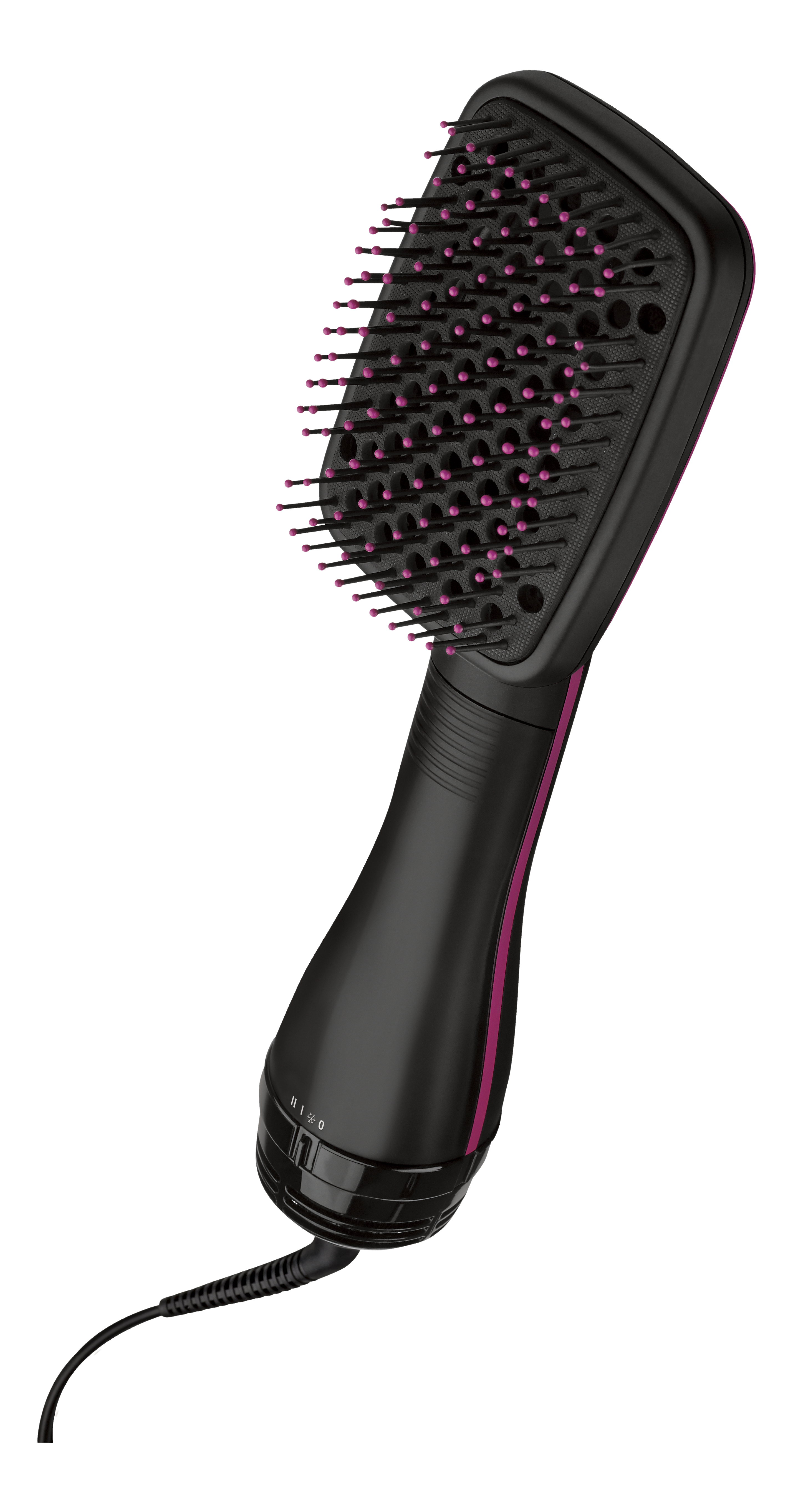 Schwarze und magentafarbene Haarstylingbürste mit langem Griff.