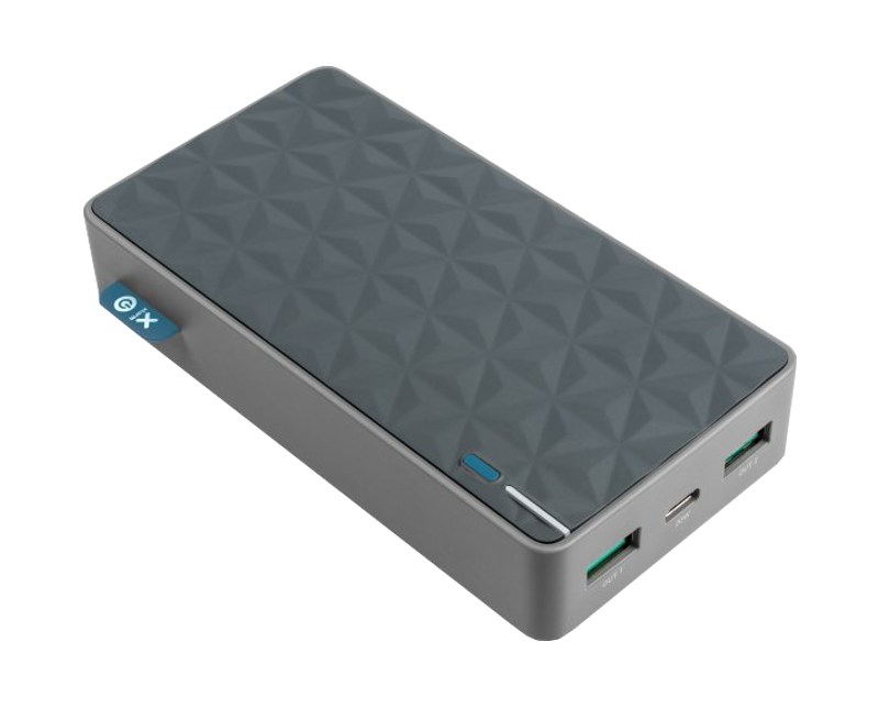 Une batterie externe grise et noire avec un motif géométrique sur le dessus.