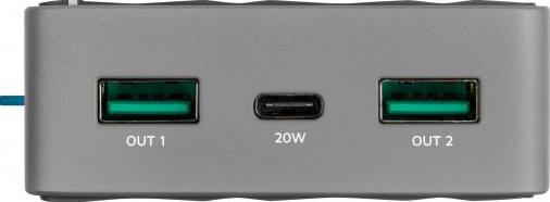 Adaptateur secteur gris avec trois ports: deux USB verts, un USB-C, étiquetés 'OUT 1', '20W', 'OUT 2'.