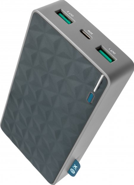 Une batterie externe gris foncé avec deux ports USB verts.