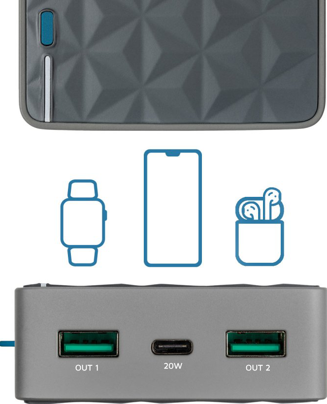 Une batterie externe grise avec un bouton bleu et des icônes d'une montre connectée, d'un téléphone et d'écouteurs.