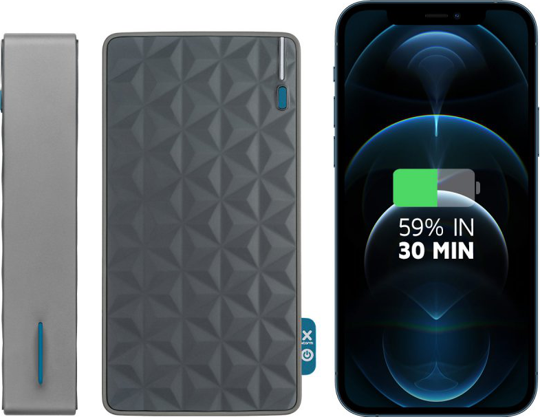Une batterie externe grise et un smartphone en charge, affichant 59% en 30 minutes.