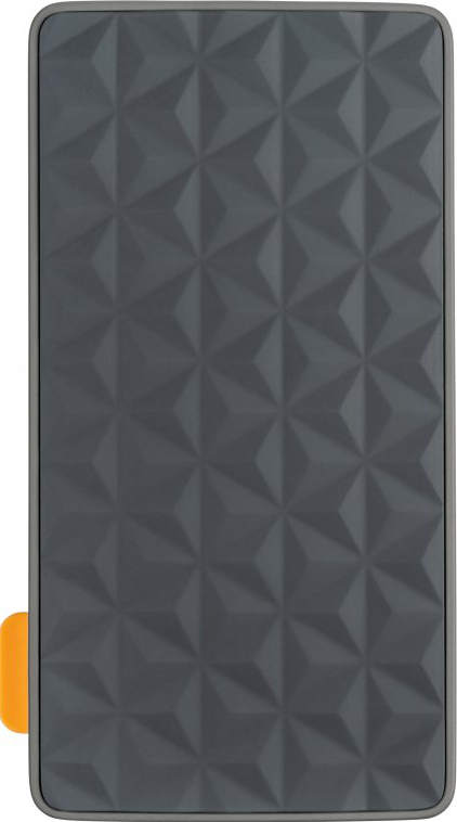 Dunkelgraue externe Festplatte mit geometrischem Muster. Oranger Akzent an der Seite.