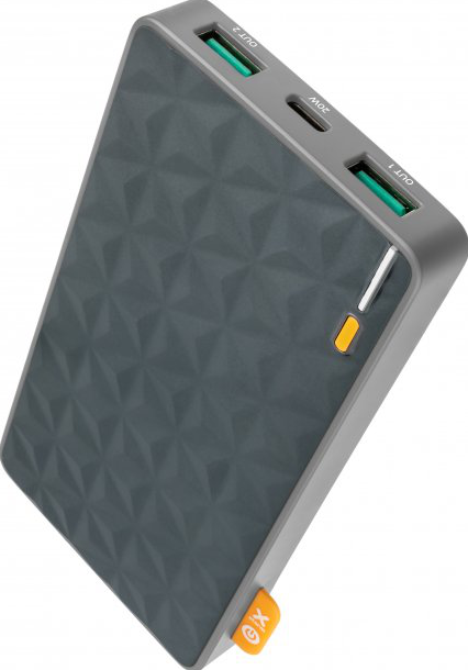 Dunkelgraue Powerbank mit geometrischem Muster, USB-Anschlüssen und orangefarbenem Logo.