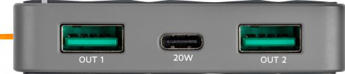 Graue Powerbank mit zwei USB-Anschlüssen und einem USB-C-Anschluss.
