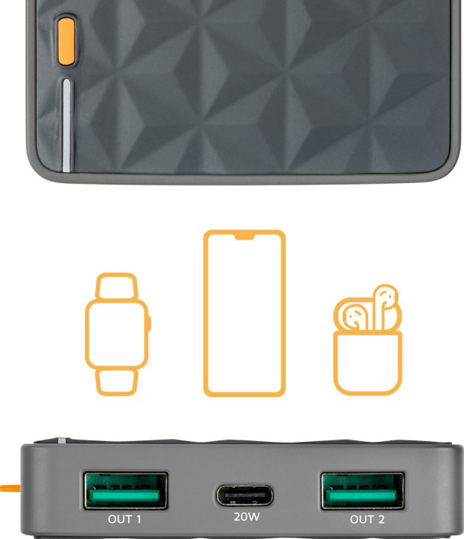 Eine graue Powerbank mit einem orangefarbenen Knopf und Symbolen einer Smartwatch, eines Telefons und Ohrhörern.