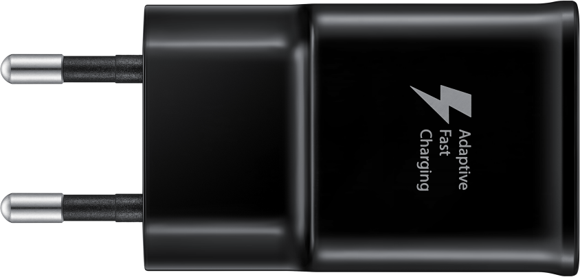 Fekete Samsung gyorstöltő adapter két csatlakozóval és villám szimbólummal.