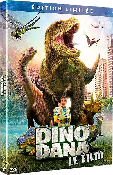Boîtier DVD du film Dino Dana. Comprend divers dinosaures et un jeune garçon au premier plan.