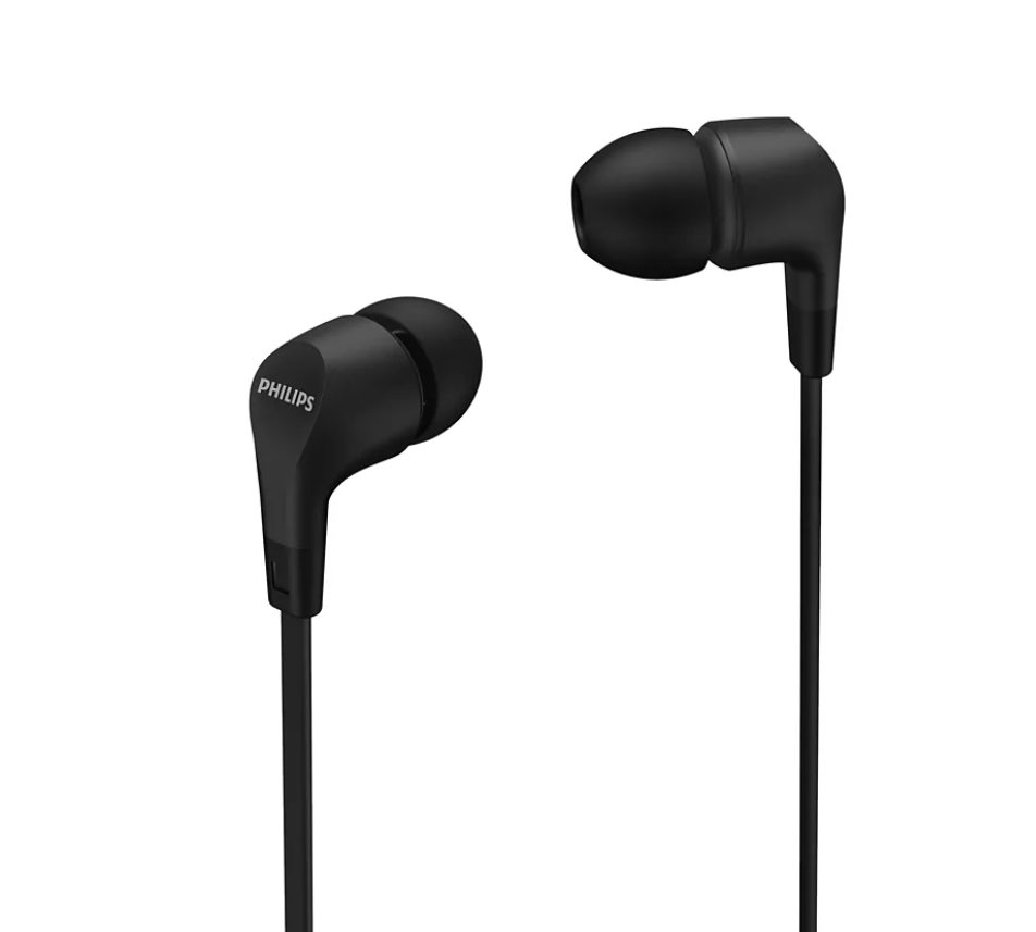 Beyaz bir arka plan üzerinde Philips logosu bulunan iki siyah Philips kulaklığı.