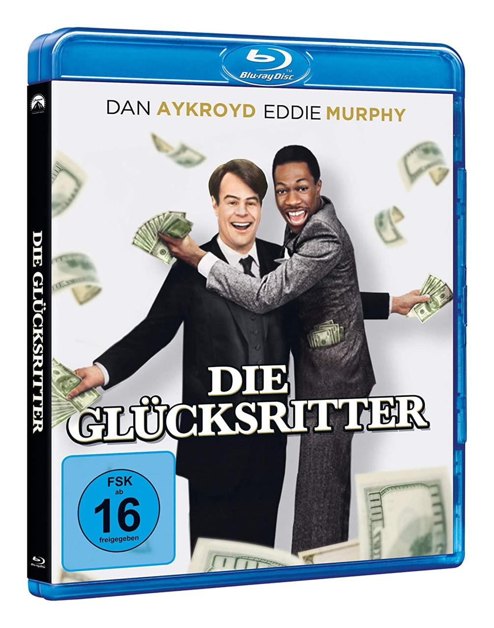 Blu-ray-Hülle des Films Die Glücksritter. Zwei Männer mit fallendem Geld.