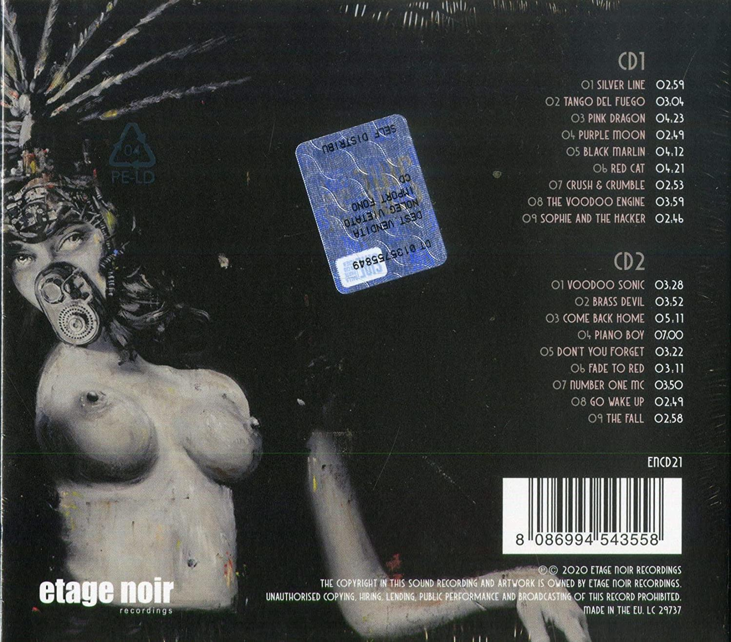 Albumcover mit Frau mit Gasmaske, Titelliste und Barcode.
