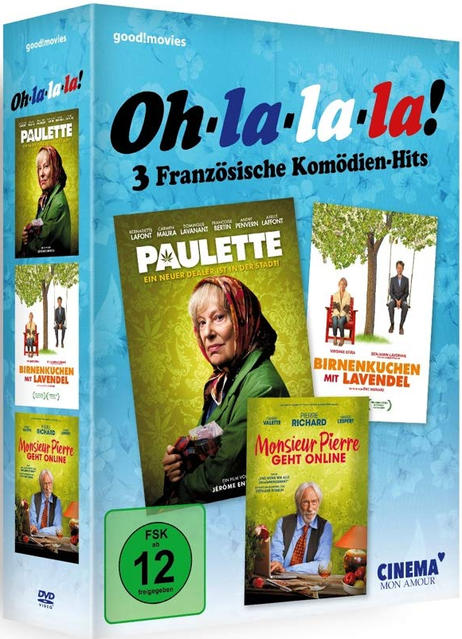 Eine DVD-Box mit drei französischen Komödien: Paulette, Birnenkuchen mit Lavendel und Monsieur Pierre.