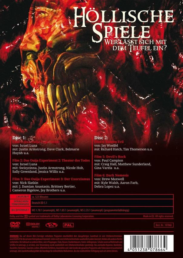 DVD-Cover des Films 'Höllische Spiele'. Zeigt ein dämonisches Gesicht und Filmdetails.