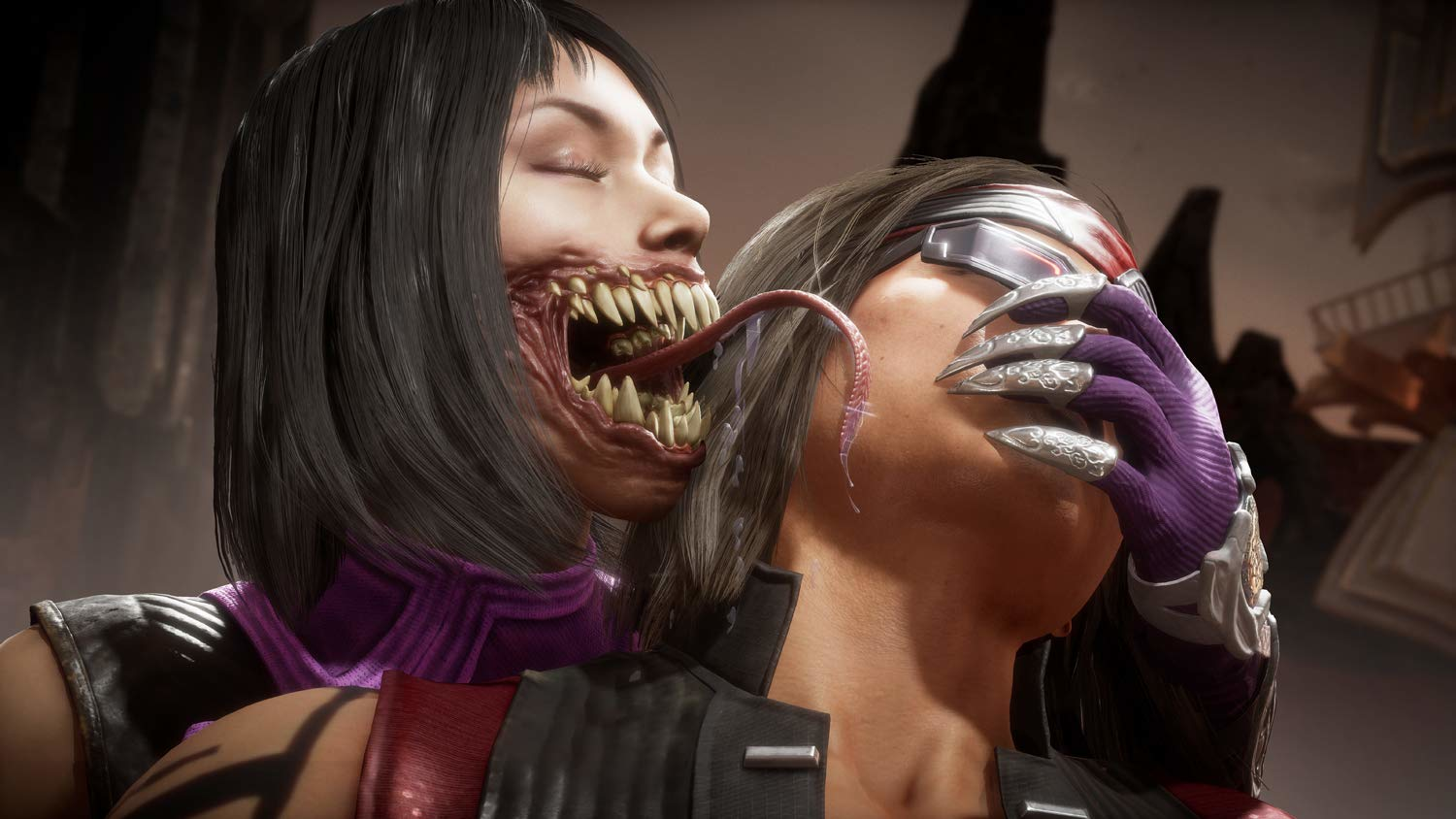 Due figure di un videogioco. Una morde la faccia dell'altra.