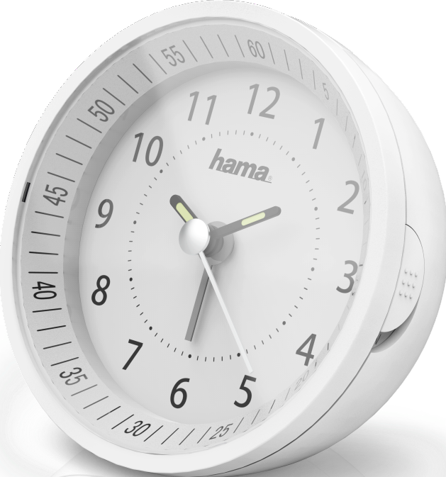 Weißer Hama-Wecker, schwarze Zahlen, Zeiger und ein Sekundenzeiger.