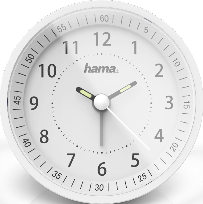 Weißer analoger Wecker mit schwarzen Zahlen und Zeigern, die Marke ist hama.