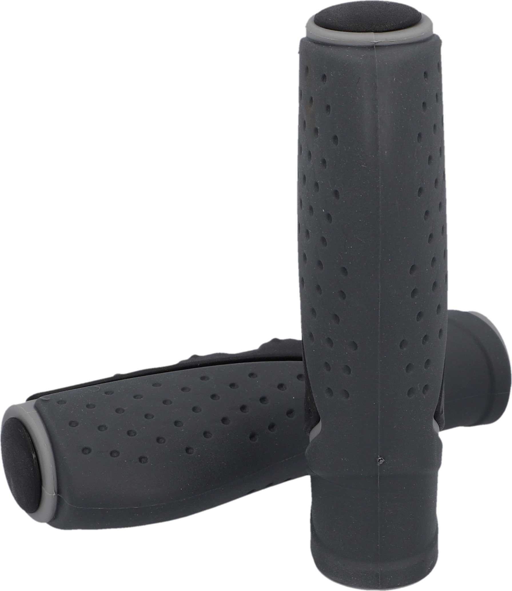 Zwei dunkelgraue Fahrradgriffe. Sie haben eine strukturierte Oberfläche und eine kleine Endkappe.