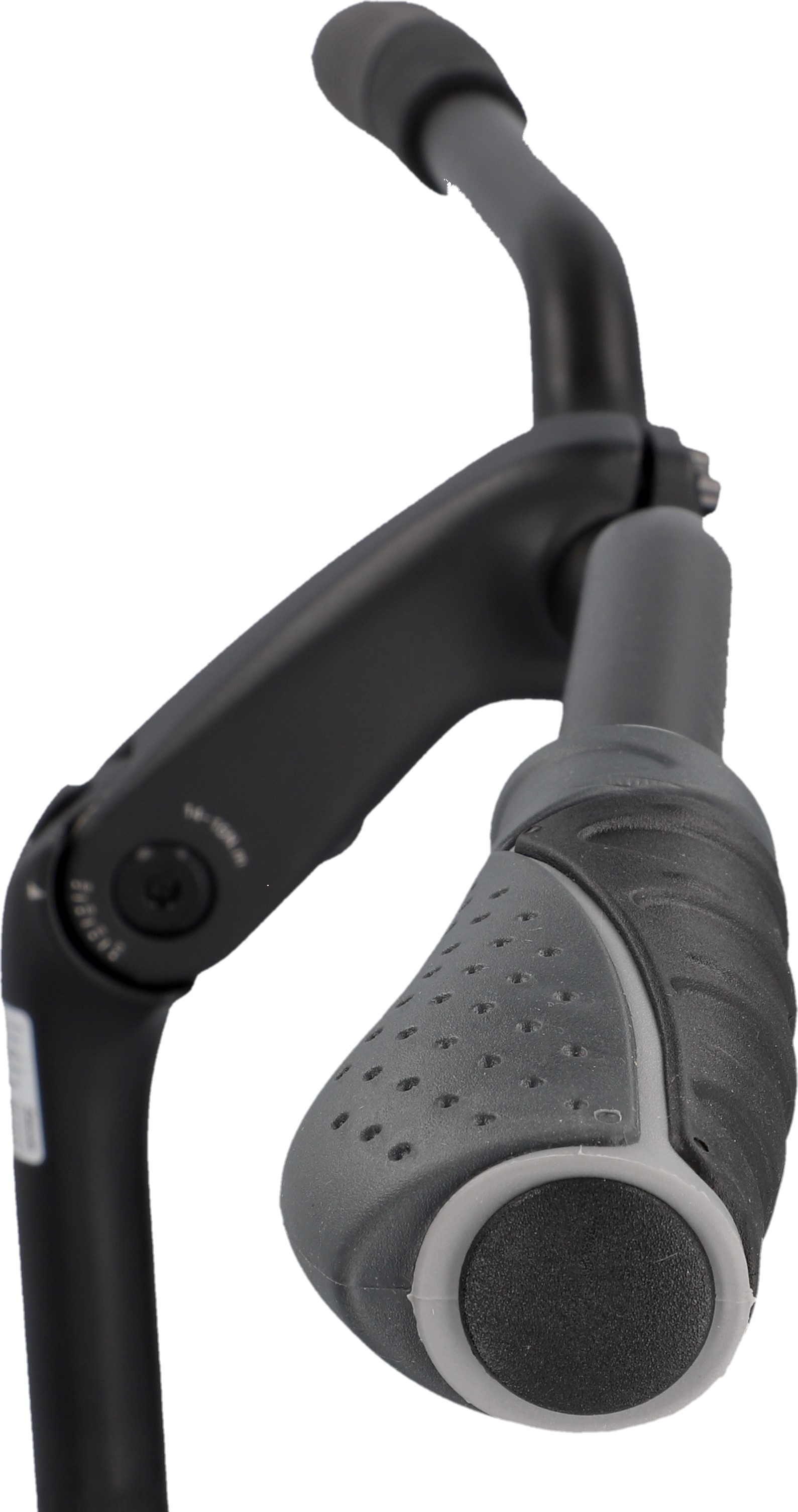 Schwarzer Fahrradlenker mit grau-schwarzem Griff. Sichtbarer Verstellmechanismus am Vorbau.