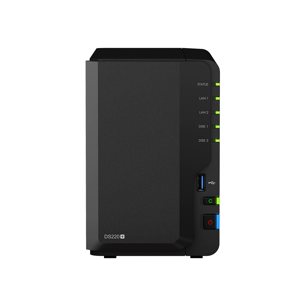 Black NAS server with status lights, USB ports, and a power button against a black background.