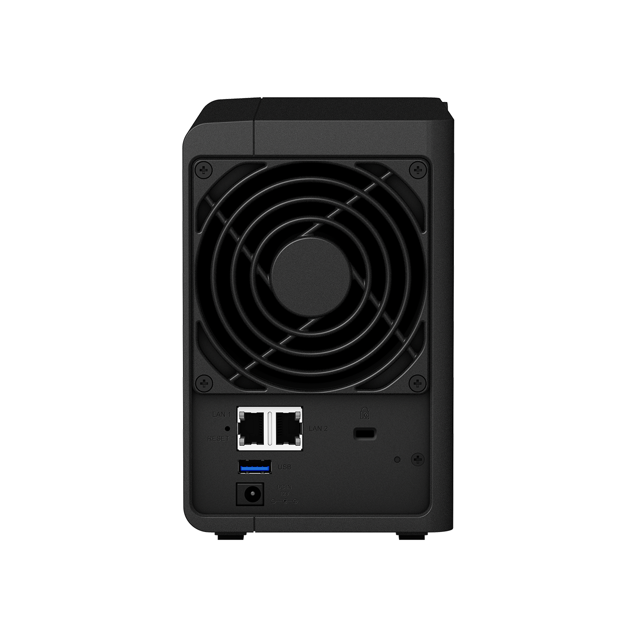 Black device with a fan on the back panel. It has ports and a reset button.