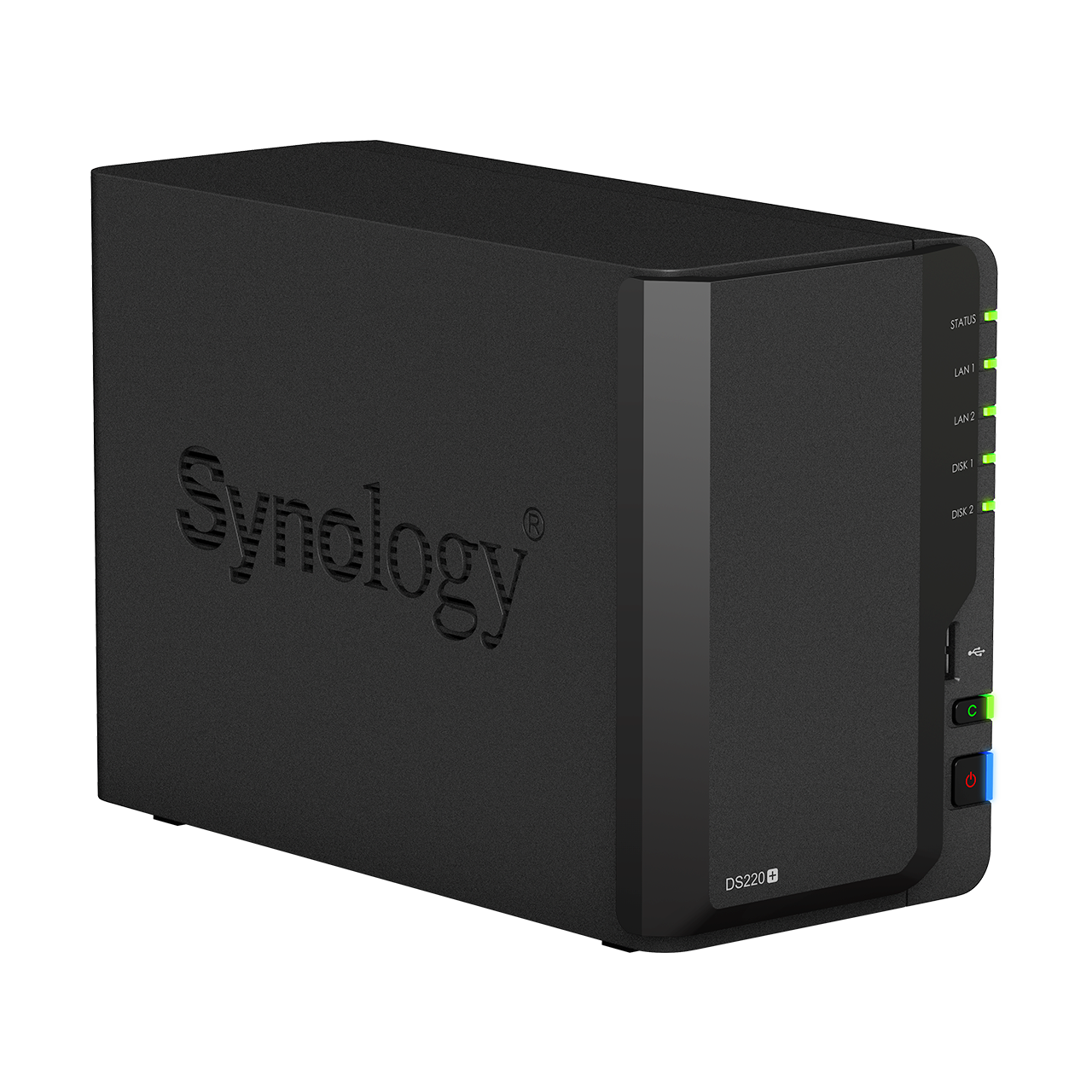 A black Synology NAS device, with the Synology logo, status lights, and a power button.