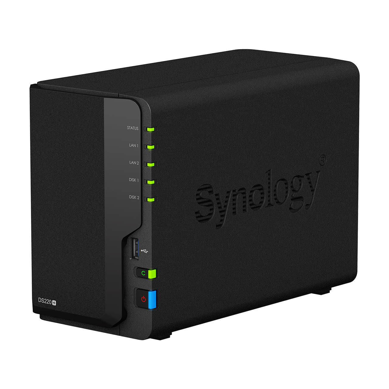 Black NAS device with LED indicators and the Synology logo.