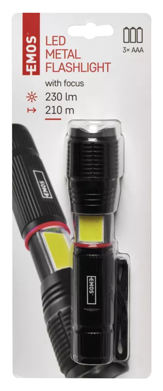 LED-es zseblámpa csomag. A zseblámpa fekete, piros ékezetekkel és EMOS márkanévvel.