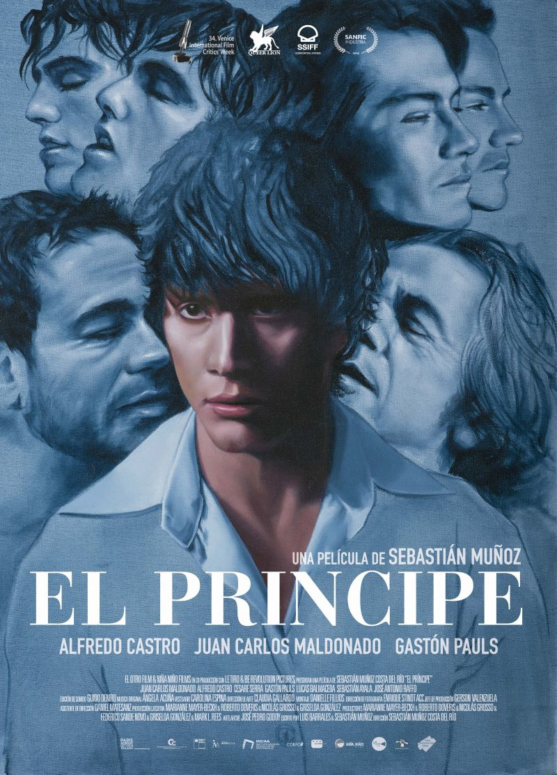 Affiche de film avec un homme entouré de visages, fond sombre.