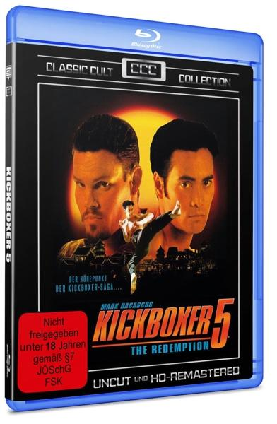 Blu-ray-Disc des Films Kickboxer 5. Zwei Gesichter im Hintergrund. Schwarze Hülle.