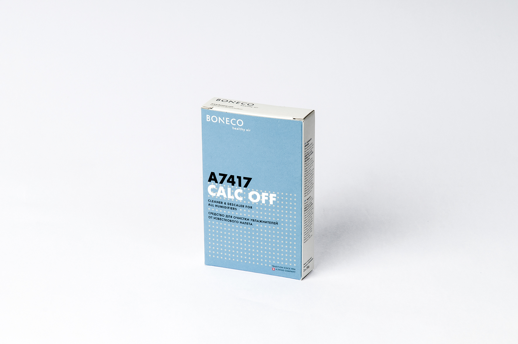 Eine kleine blau-weiße Box mit der Aufschrift 'A7417 CALC OFF' und einer Produktbeschreibung.