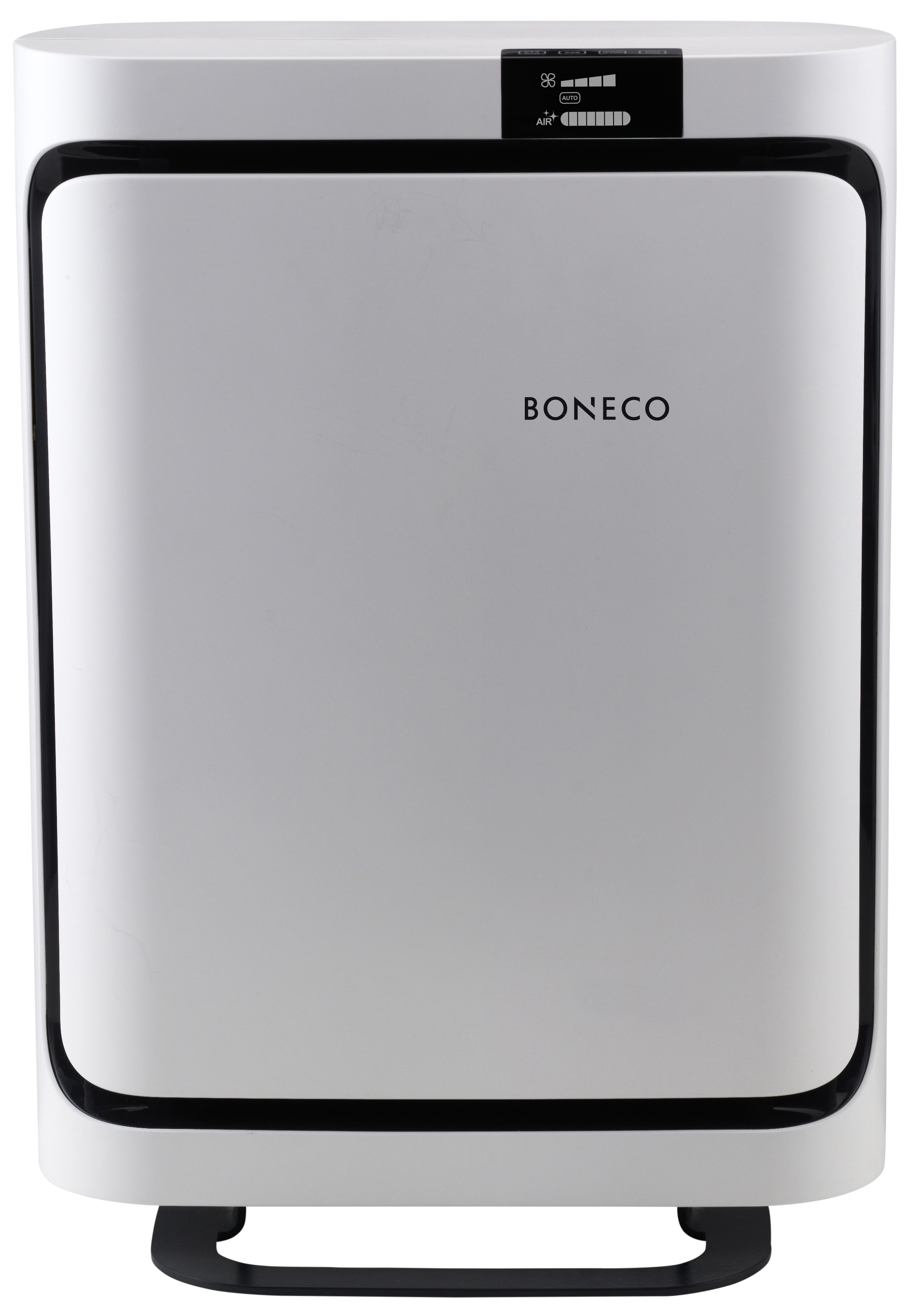 Weißer BONECO Luftreiniger. Er hat eine schwarze Blende, ein digitales Display oben und einen schwarzen Sockel.