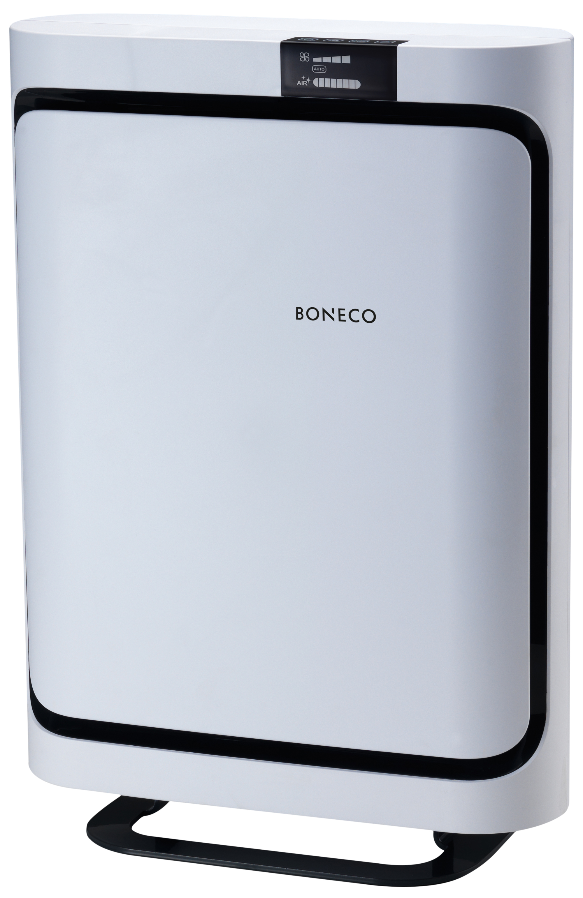 Weißer Luftreiniger mit schwarzen Akzenten. Vorne steht der Markenname "BONECO". Das Design ist modern.