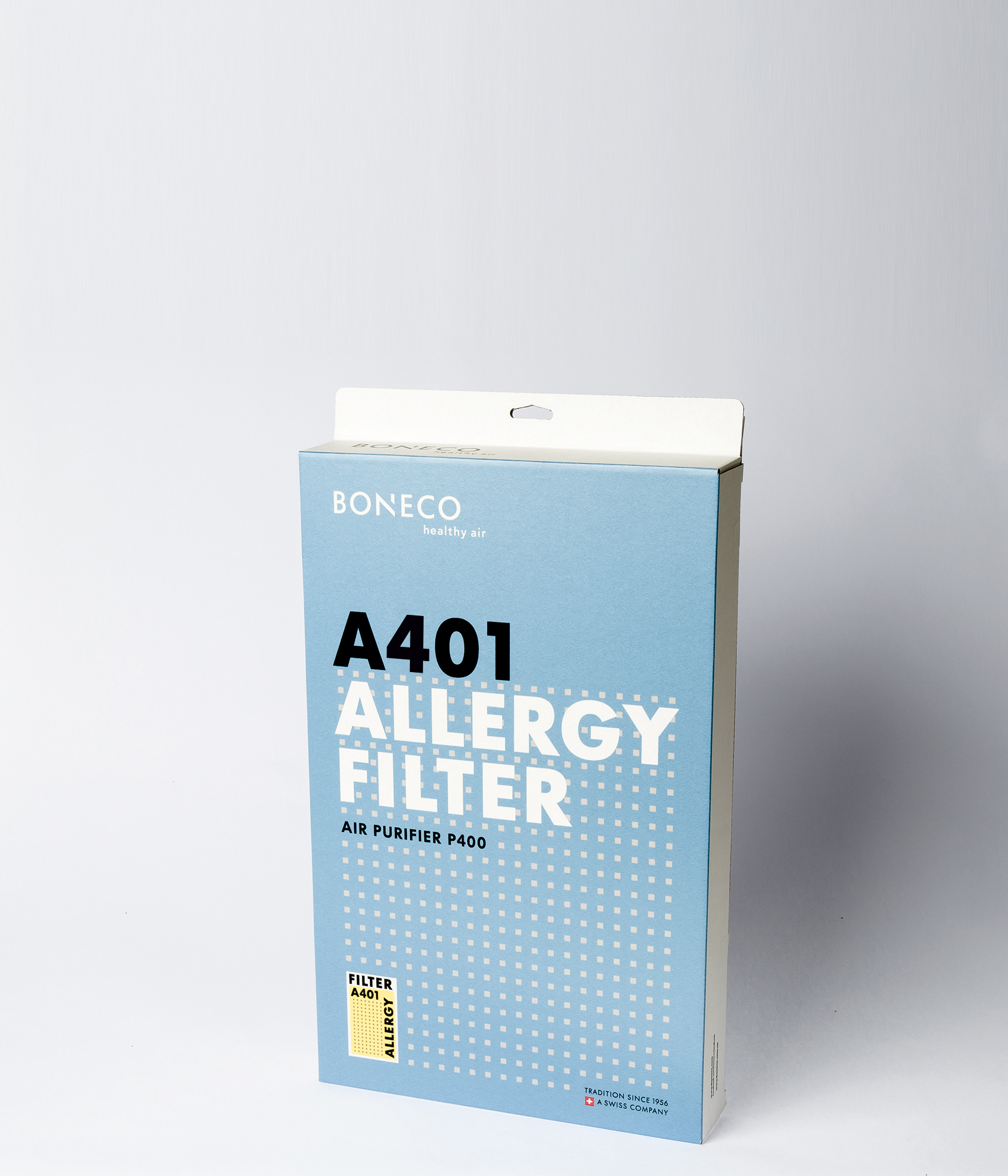 Blaue und weiße Box für einen Boneco A401 Allergy Filter für einen Luftreiniger.