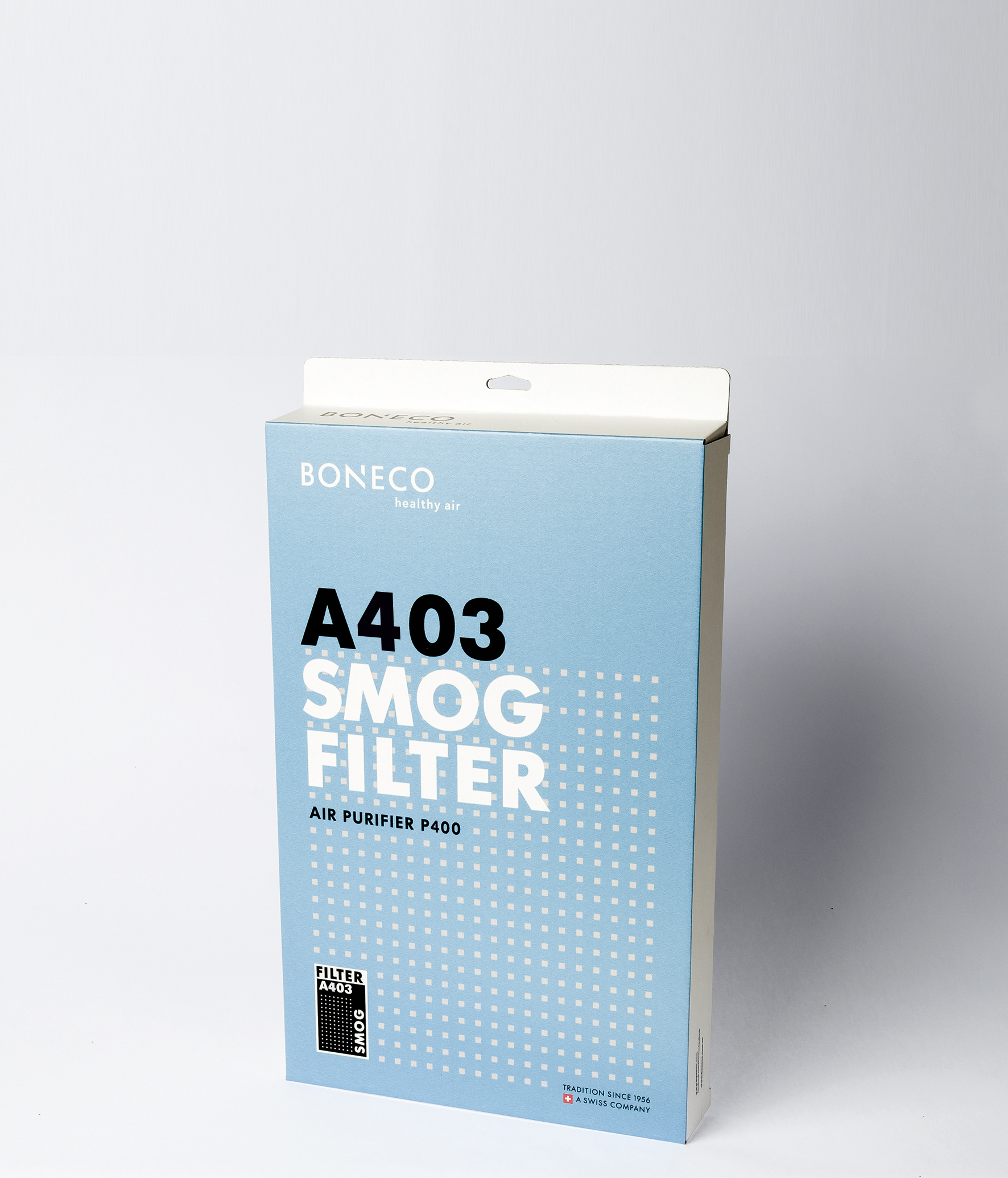 Blaue Box mit dem Text 'A403 SMOG FILTER'. Weißer Hintergrund.