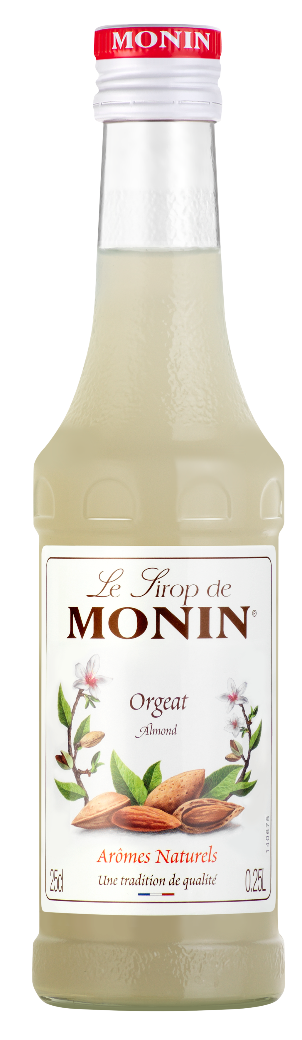 Monin Orgeat Mandel-Sirup Flasche mit Mandeln und Blumen.