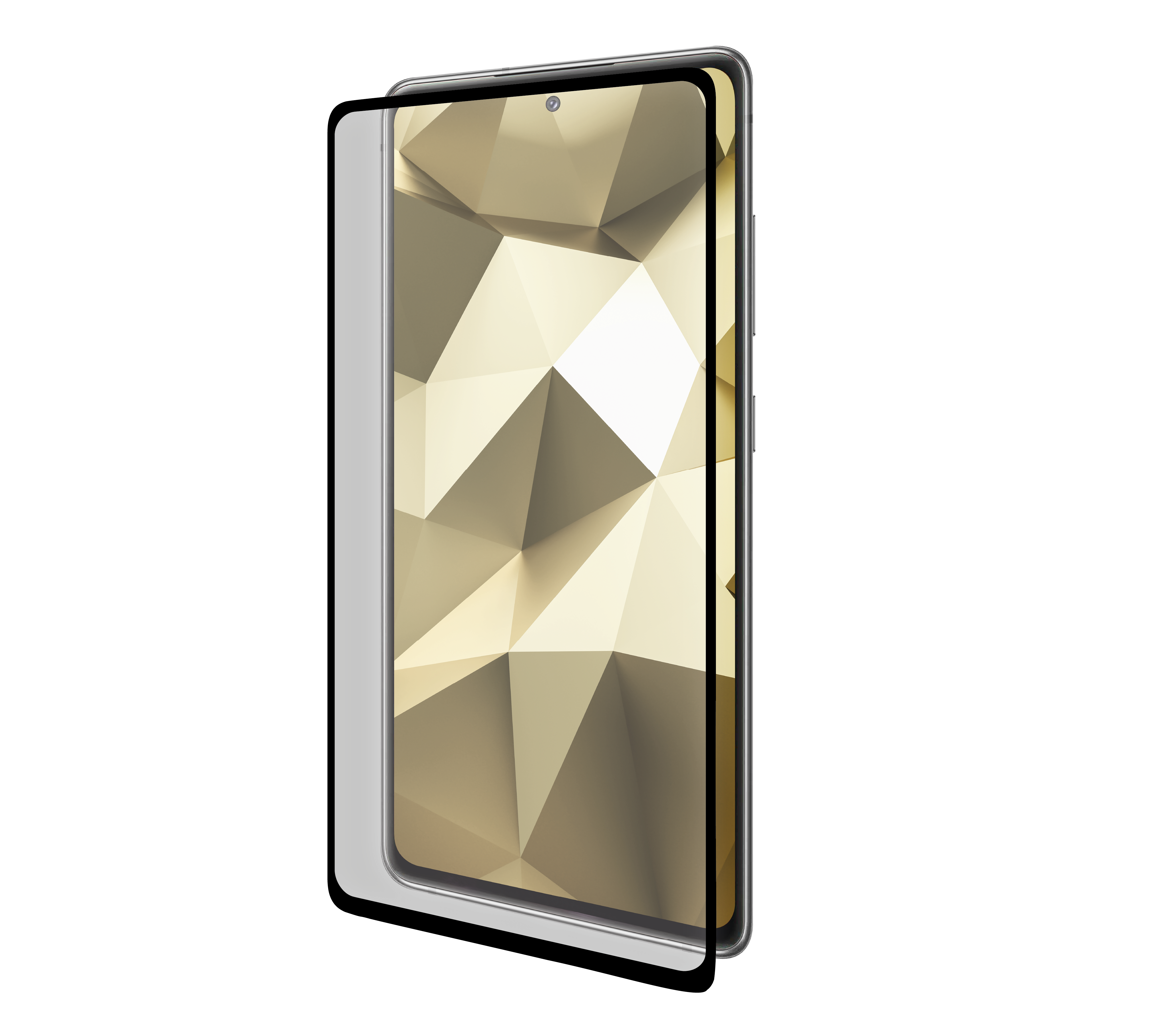 Smartphone mit angebrachter Displayschutzfolie, die einen geometrischen goldenen Hintergrund zeigt.