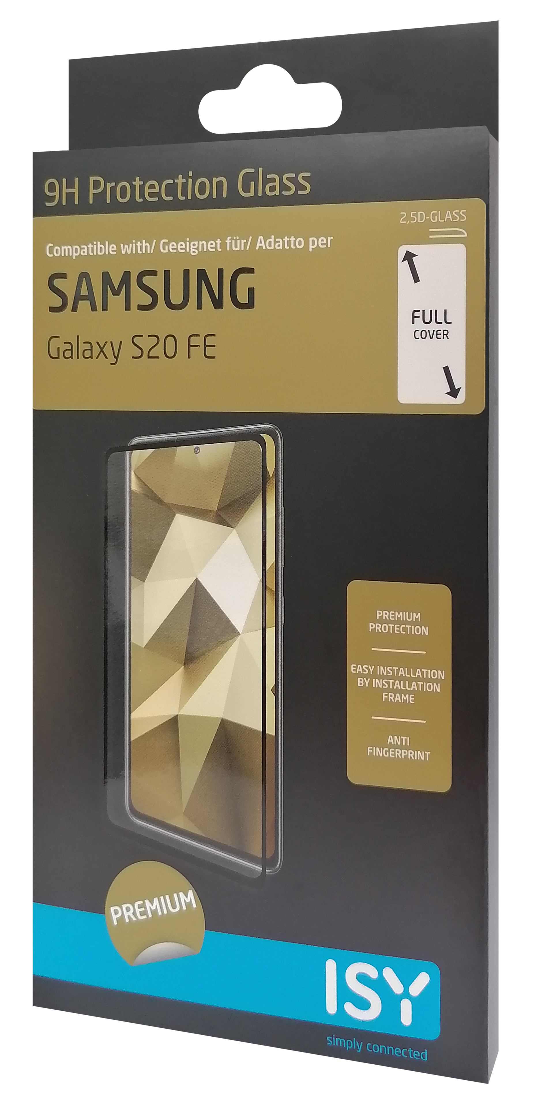 Eine Verpackung für einen Displayschutz für Telefone. Es zeigt ein Telefon mit dem Schutz darauf.