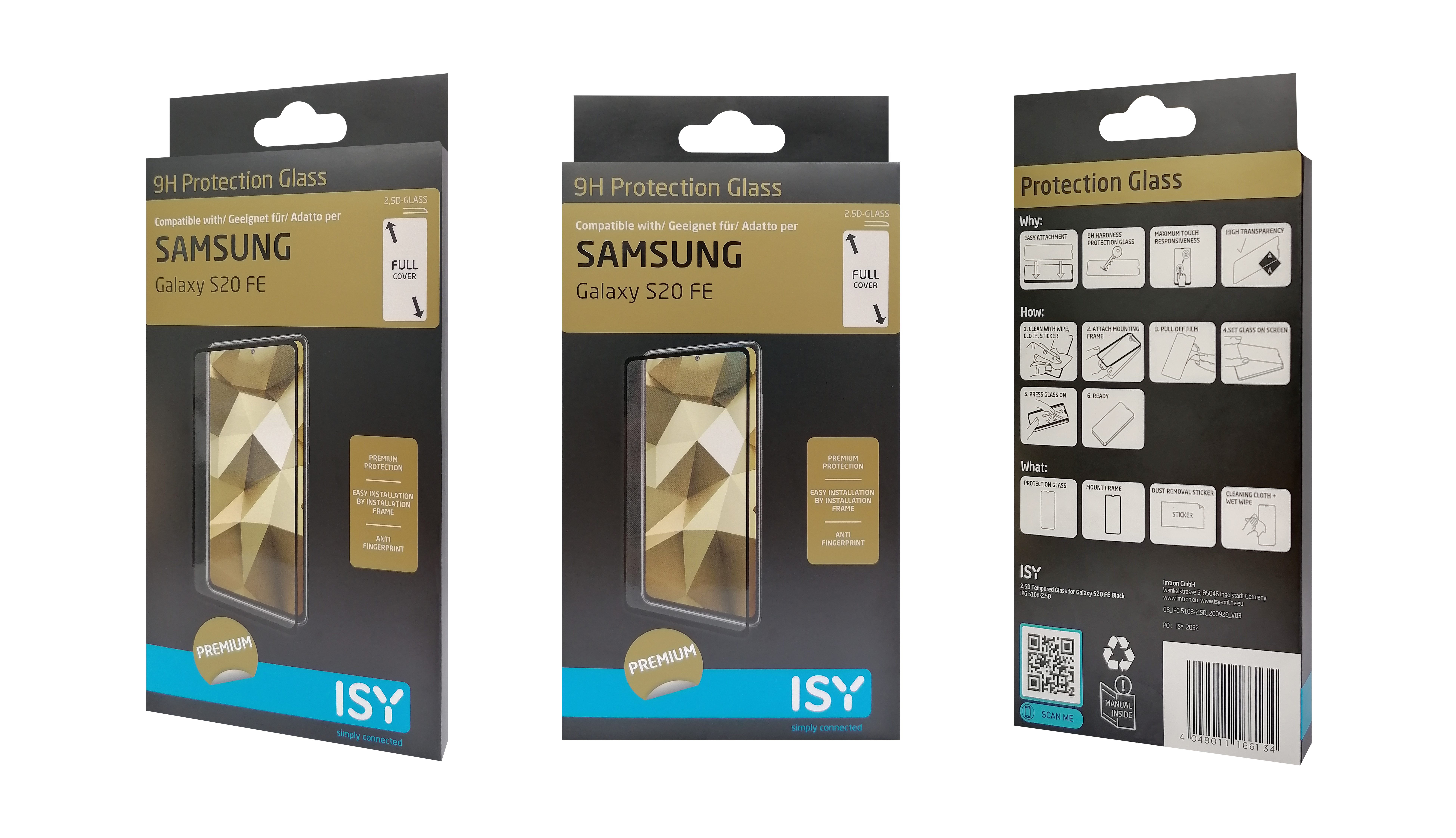 Drei Schachteln mit Samsung Galaxy S20 FE Displayschutzfolien mit Verpackungsdetails.