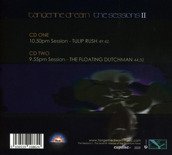 Rückseite des Tangerine Dream Albums, mit Titelliste und dunklem Hintergrund.