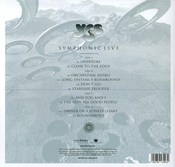 Albumcover, YES Symphonic Live. Silberner Hintergrund mit Titelliste. Text in Weiß und Grau.