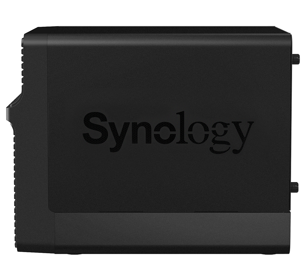 Black Synology NAS device. The brand name is embossed on the front.