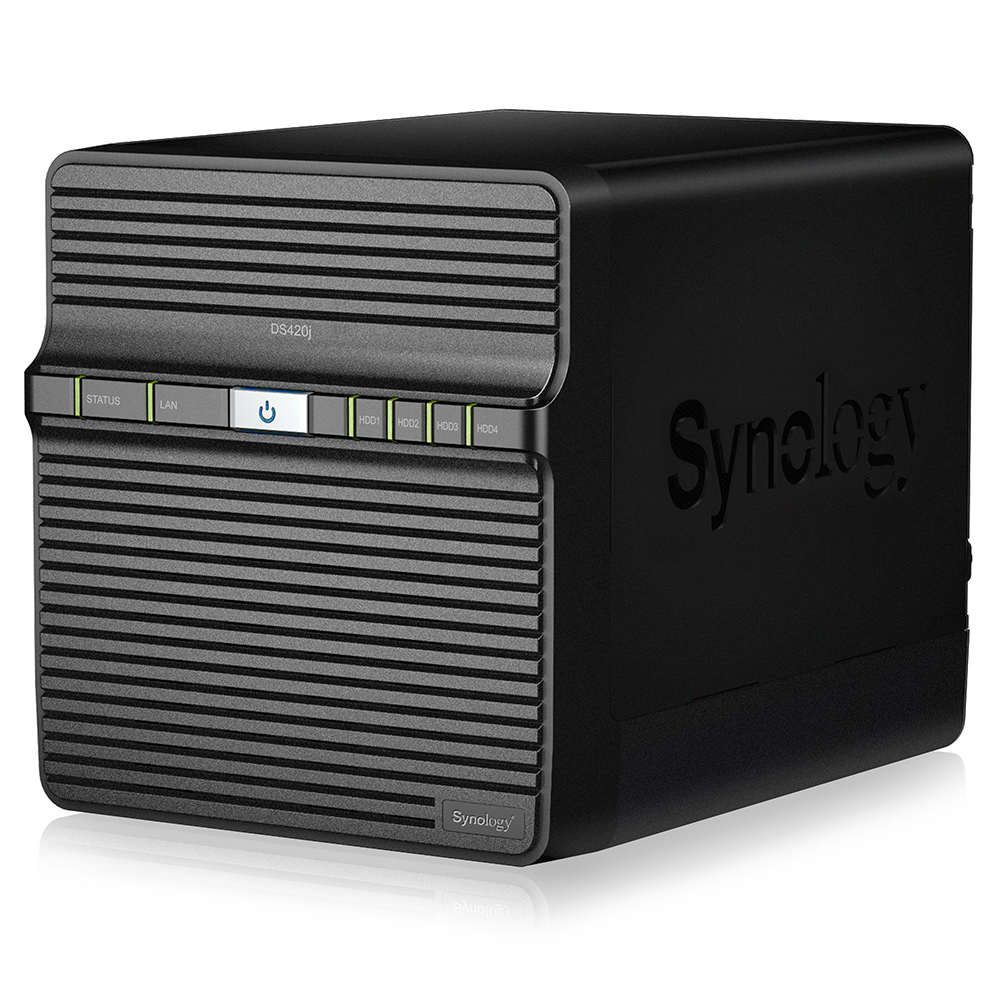 Black NAS device with buttons and a logo on the front. White background.