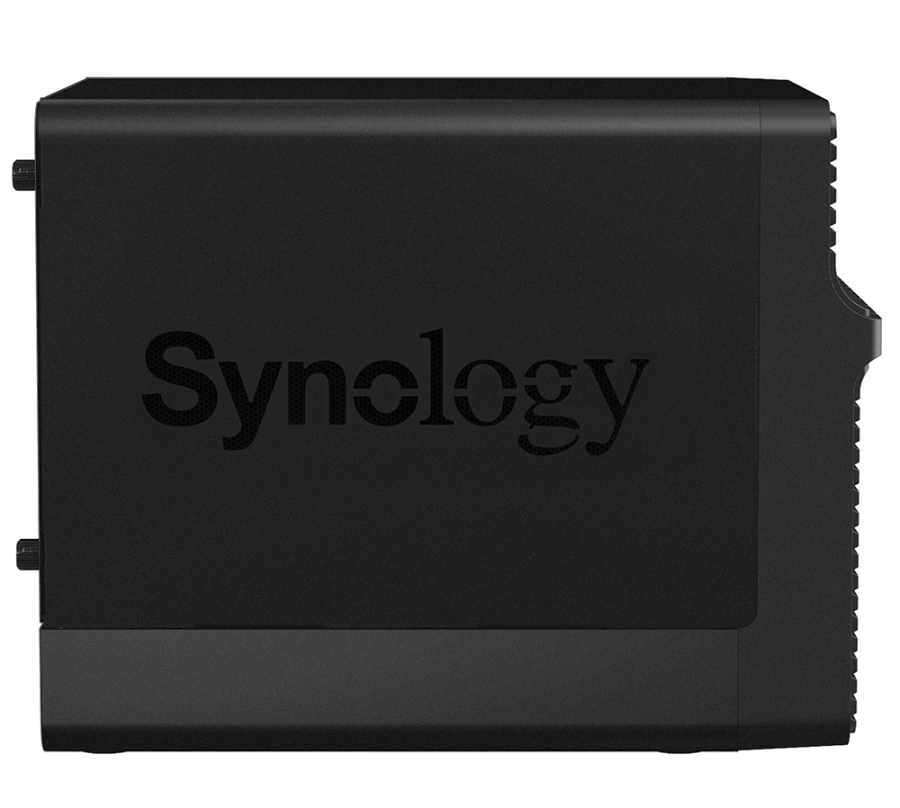 Black Synology NAS device, viewed from the front, with the brand name visible.
