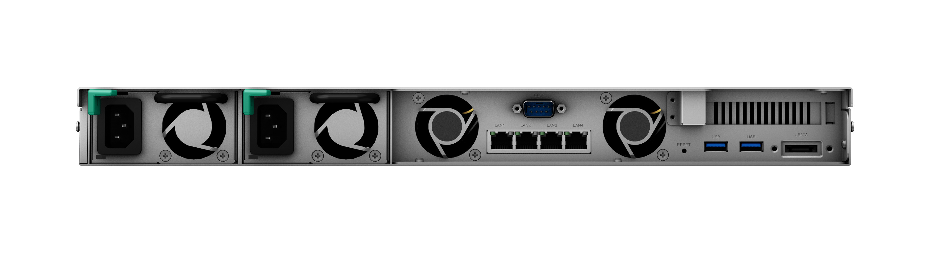 The rear view of a network device with fans and ports.
