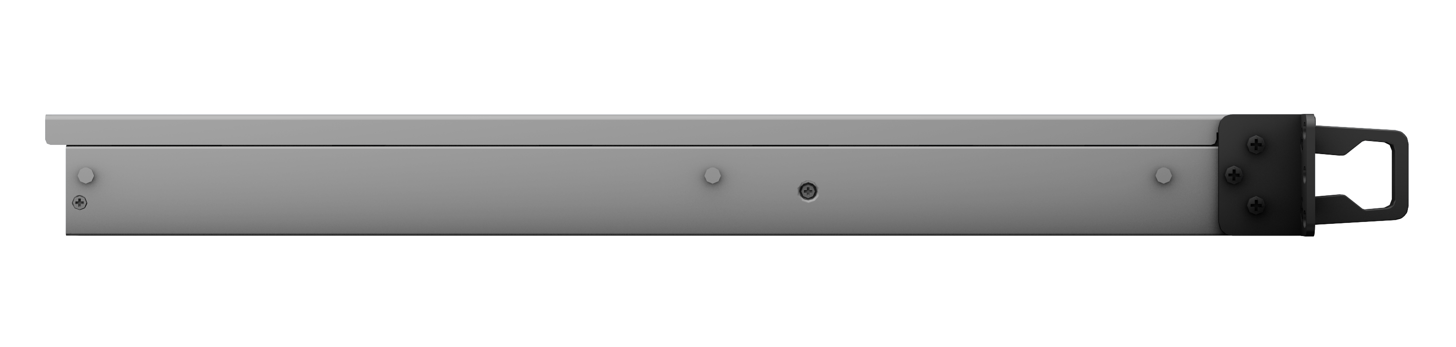A gray server rack component with a black handle on the right side, isolated on white background.