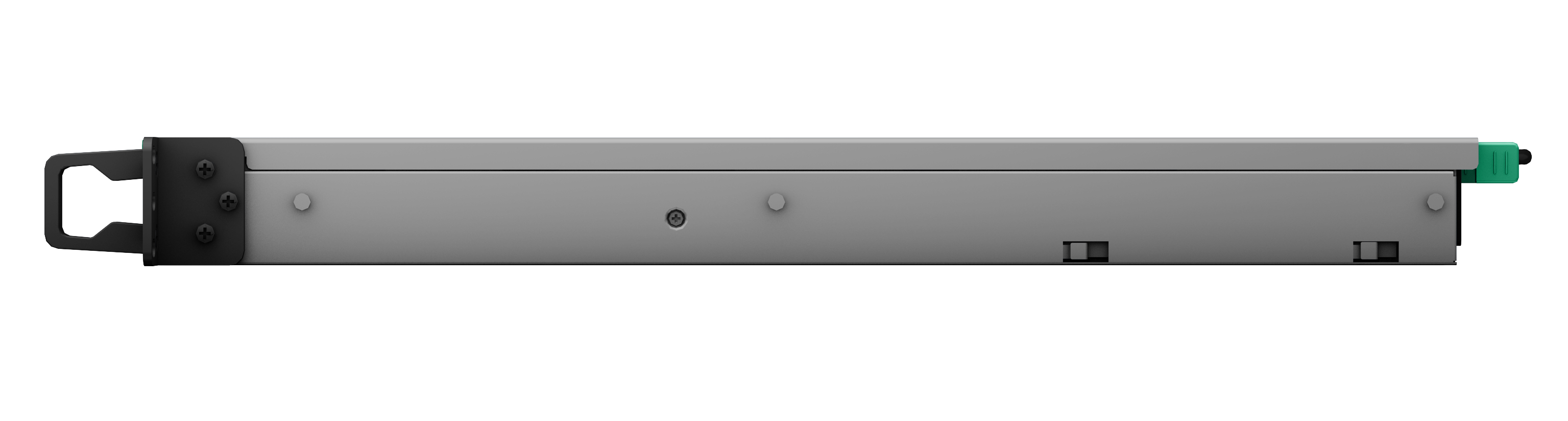 Silver, slim device, possibly a hard drive.